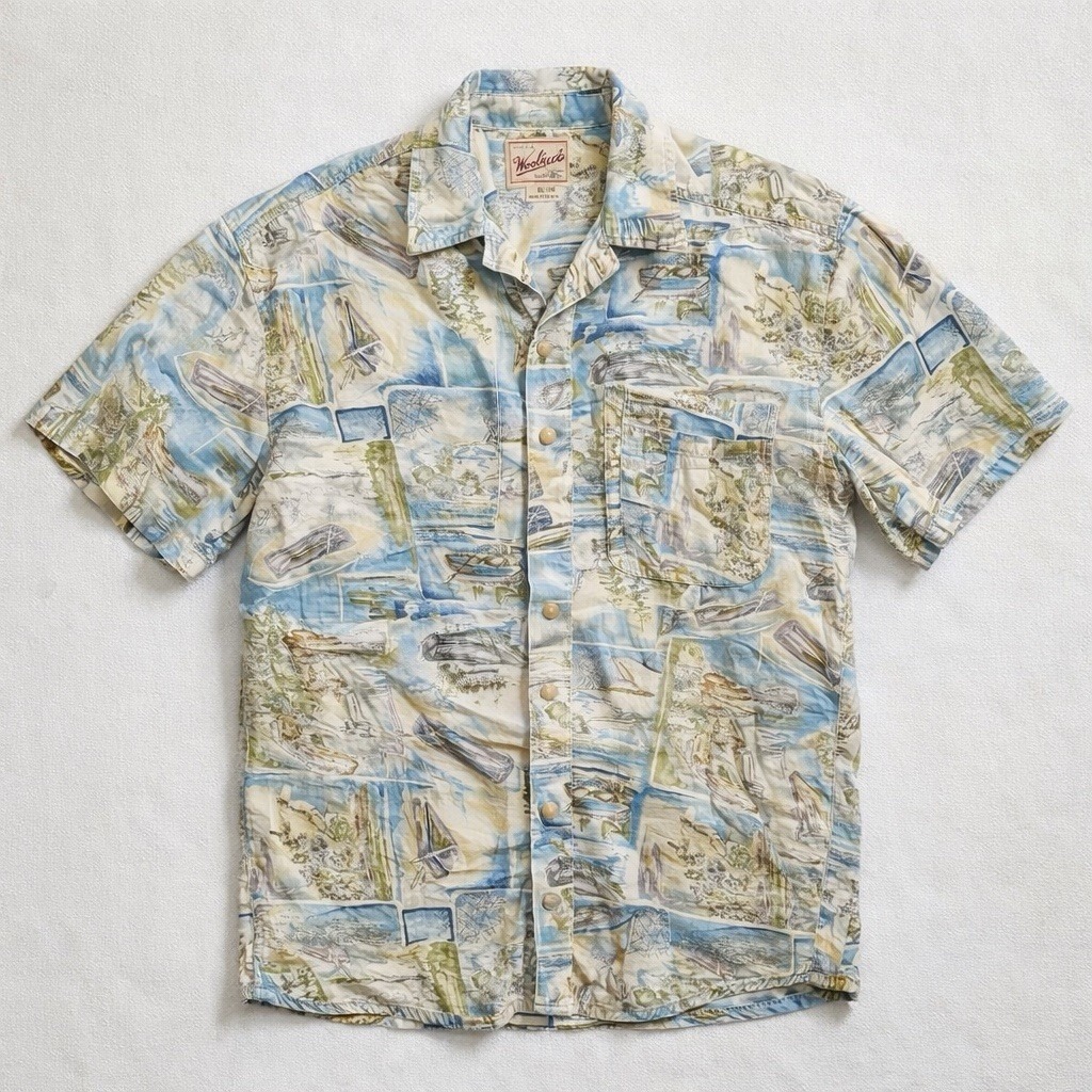 Vintage Woolrich Usa Canoe Fishing Scenic Rugged Camp Shirt Mens Xl Outdoors 90s